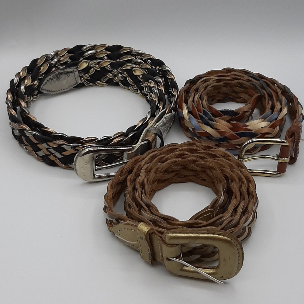 Vintage Lot of 3 Leather Womens Belts Woven Metalic and Colorful XLarge